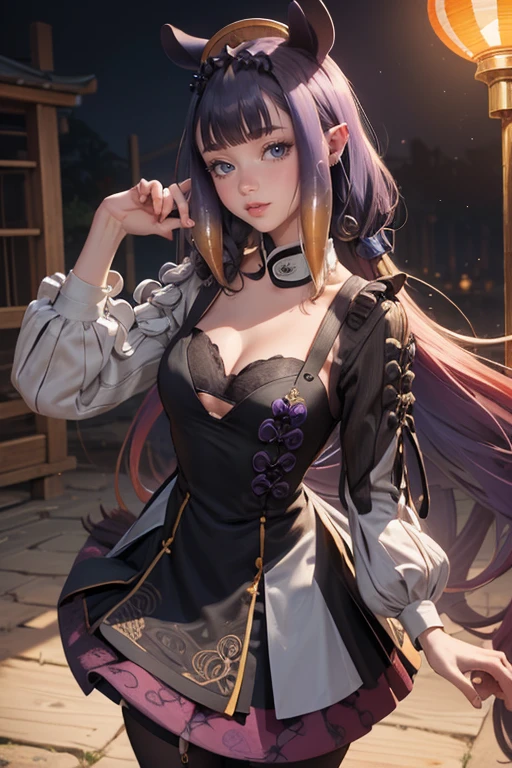 Ninomae Ina'nis, VTuber, multicolored hair, violet hair, orange hair, ornament hair, perfectly body, perfectly hands, long hair, maid, maid dress, maid headdress, maid apron, white apron, holding a lantern, Chinese lantern, garden scenery, red roses on focus, gold lantern, Chinese style, Chinese maid dress, violet dress, more details on her clothes, black dress with transparency, golden details, night, ((4k, masterpiece, top-quality)),8k, best quality, high resolution, HD, (illustration:0.8), super cute girl, delicate and beautiful face, 1girl, solo, mature girl, super cute hairstyle, (beautiful detailed eyes:1.6), extremely detailed face, perfect lighting, extremely detailed CG, (perfect hands, perfect anatomy), Best quality, cleavage, small skirt, full Body,