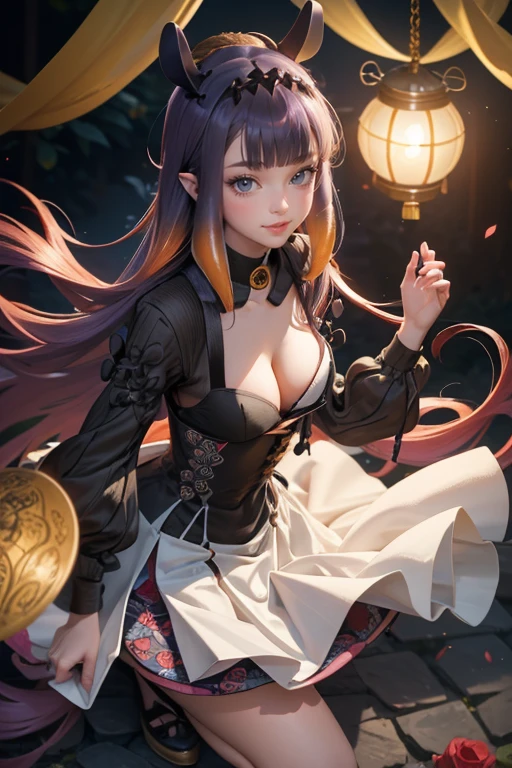 Ninomae Ina'nis, VTuber, multicolored hair, violet hair, orange hair, ornament hair, perfectly body, perfectly hands,  long hair, maid, maid dress, maid headdress, maid apron, white apron, holding a lantern, Chinese lantern, garden scenery, red roses on focus, gold lantern, Chinese style, Chinese maid dress, violet dress, more details on her clothes, black dress with transparency, golden details, night, ((4k, masterpiece, top-quality)),8k, best quality, high resolution, HD, (illustration:0.8), super cute girl, delicate and beautiful face, 1girl, solo, mature girl, super cute hairstyle, (beautiful detailed eyes:1.6), extremely detailed face, perfect lighting, extremely detailed CG, (perfect hands, perfect anatomy), Best quality, cleavage, small skirt, full Body,