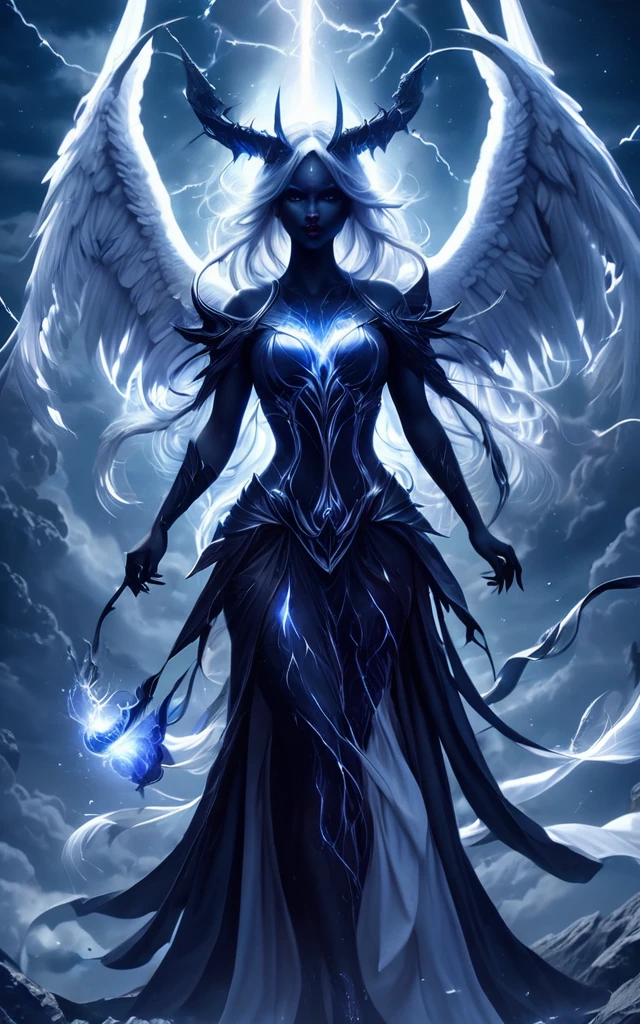 Full body shot, Demoness, busty, ((highest quality)),(ultra high resolution),(Super detailed),(detailed description),((best CG)),(best work of art),super precision art,amazing drawing art,(Fantasy art with intricate detail:1.5), A spear of light that pierces heaven and earth,Lightning emanating from the aurora cuts through the night sky,Angels blowing the trumpets of the end