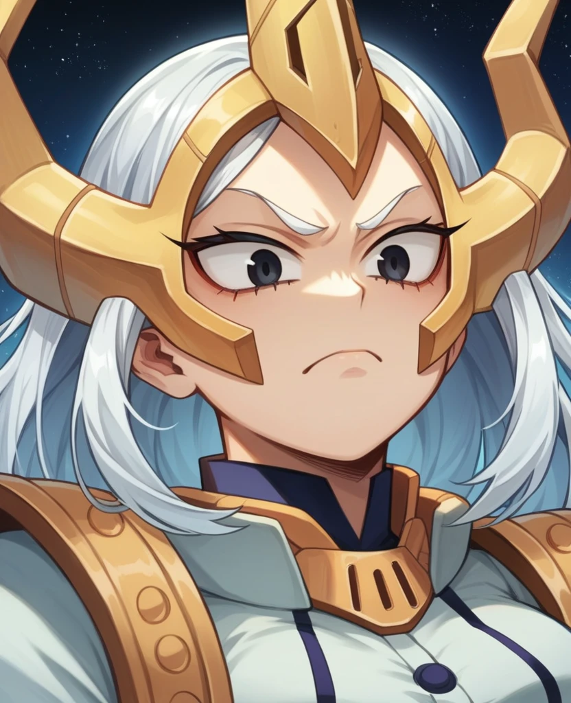 Screenshot of my hero academia female character personification of the cosmos and galaxy with white hair, dark blue with prismatic black eyes and galacticasal with golden spots on the cheeks with a serious look and super powerful villain style giving off macma boku no hero giant style
