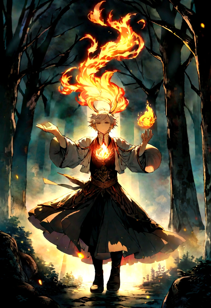 In the ancient forest, The essence of magic is shaped by the young, His hair was as black as a shadow.、His eyes shone with golden fire.。. A mysterious mark adorns his neck, Shining with the light of power. Within liquidation, He was engulfed in a series of flames。, Heat of fire in harmony with other-dimensional energy. Magical flame spinning、I love dancing, It evokes the swirling dance of glowing particles., Each one was a fragment of his ethereal aura.. Inexplicable symbols materialize in the air, Under his concentration、The glow had an eerie radiance.。. The scene exudes a sense of ancient power and hidden knowledge., It's as if the forest itself lives on forgotten secrets.. The mood is one of gentle intensity, Where nature and magic intertwine. The style of the illustration is、、Capture this mystical atmosphere through detailed digital art, A combination of detailed lines and vibrant colors. --16 pieces:9 - V5