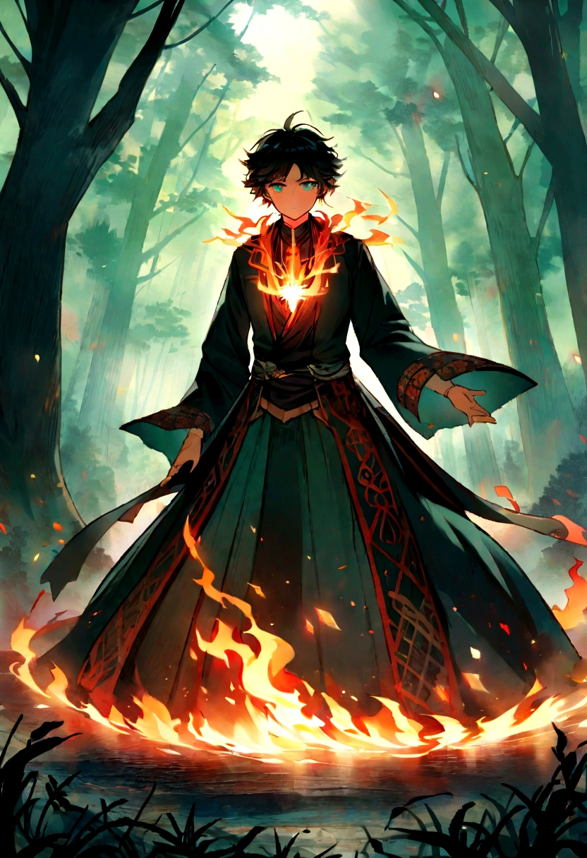 In the ancient forest, The essence of magic is shaped by the young, His hair was as black as a shadow.、His eyes shone with golden fire.。. A mysterious mark adorns his neck, Shining with the light of power. Within liquidation, He was engulfed in a series of flames。, Heat of fire in harmony with other-dimensional energy. Magical flame spinning、I love dancing, It evokes the swirling dance of glowing particles., Each one was a fragment of his ethereal aura.. Inexplicable symbols materialize in the air, Under his concentration、The glow had an eerie radiance.。. The scene exudes a sense of ancient power and hidden knowledge., It's as if the forest itself lives on forgotten secrets.. The mood is one of gentle intensity, Where nature and magic intertwine. The style of the illustration is、、Capture this mystical atmosphere through detailed digital art, A combination of detailed lines and vibrant colors. --16 pieces:9 - V5