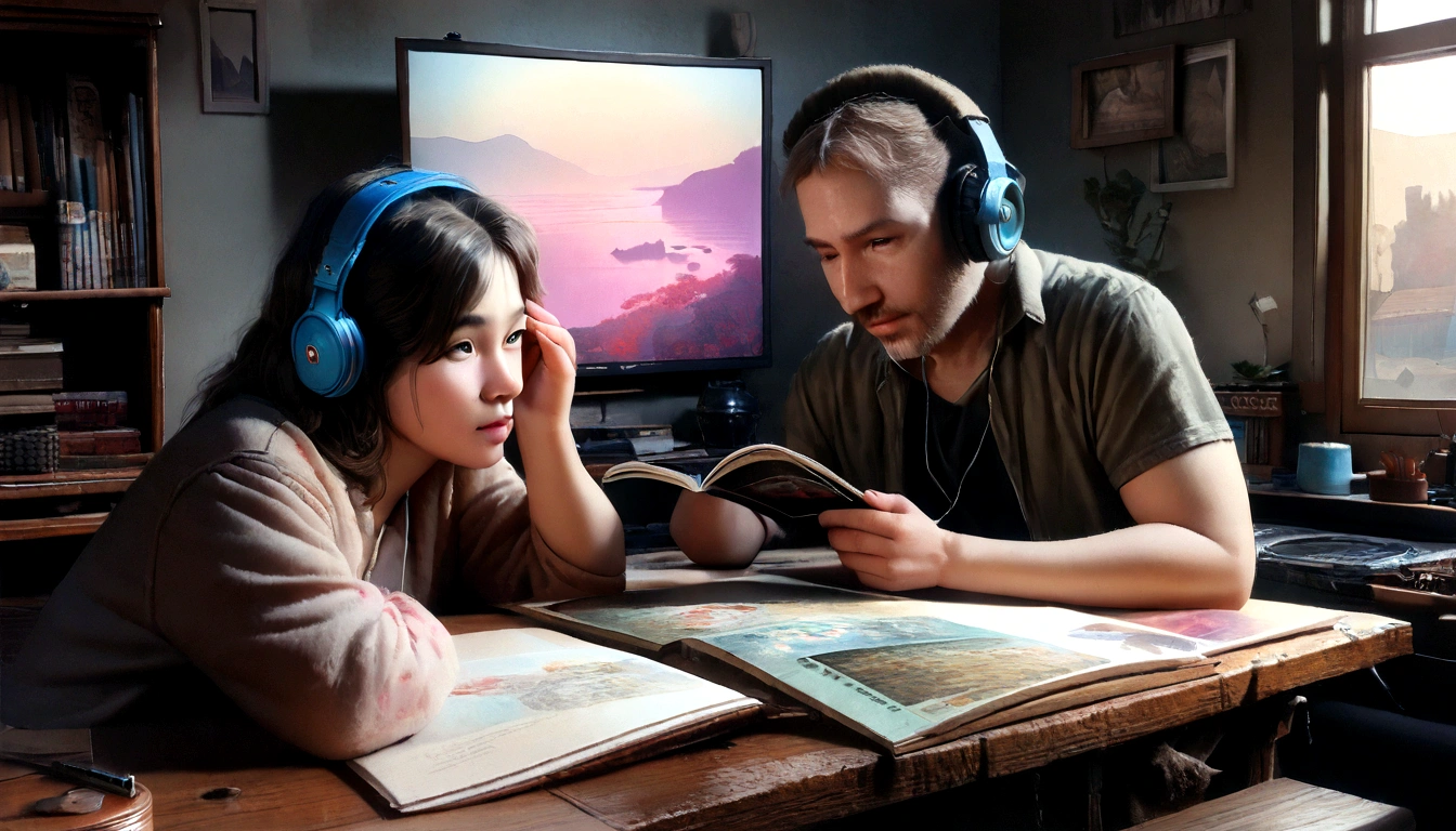 (Highest quality,4K,8K,High resolution,masterpiece:1.2),Super detailed,(Realistic,photoRealistic,photo-Realistic:1.37),Man studying in his room,Reading a book,Wearing headphones,Nightlight,Rainy neon landscape,Simulated Color Themes,lo-fi hip hop music,Retro,flat,2.5 days,Draw a line,Ink painting,Large gradient,Watercolor,Antique Colors,Studio Ghibli style,Vibrant and colorful,Outdoor,Synthwave,Lo-fi art,90s Style,Old Texture,amplitude,90s vibe,on the desk,Incredible technique,16:9 Scale