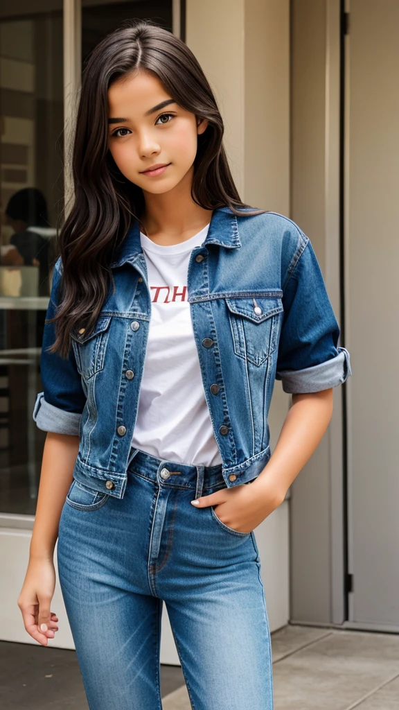Make a photo of a 14 year old smart cute girl wearing jeans, t-shirt and denim jacket with hair in front The girl in the photo is strigh standing and looking at the front