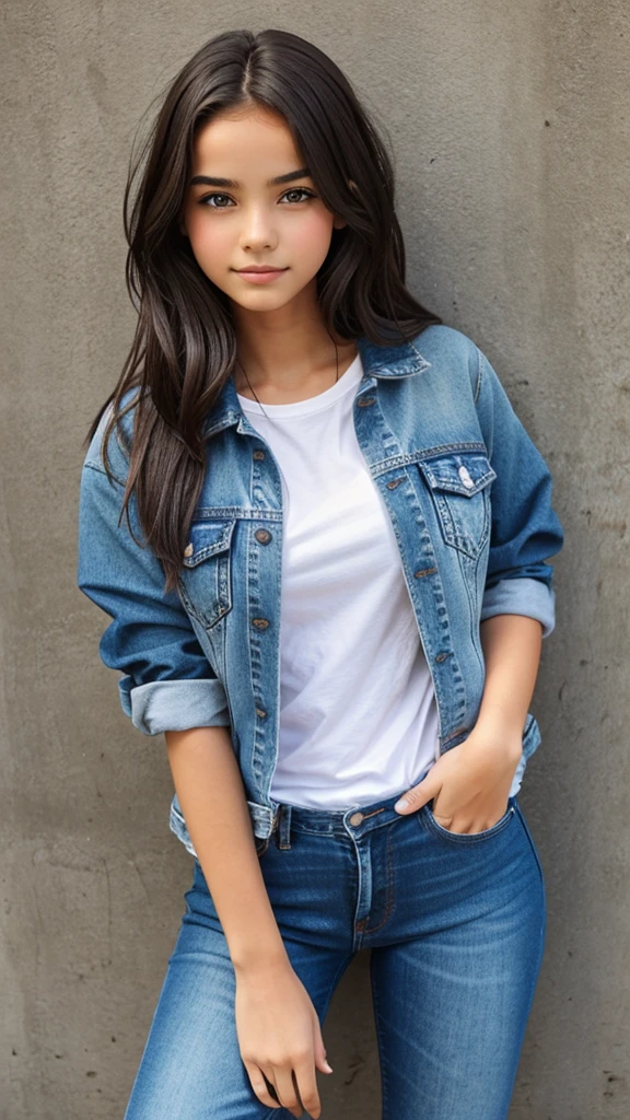 Make a photo of a 14 year old smart cute girl wearing jeans, t-shirt and denim jacket with hair in front The girl in the photo is strigh standing and looking at the front