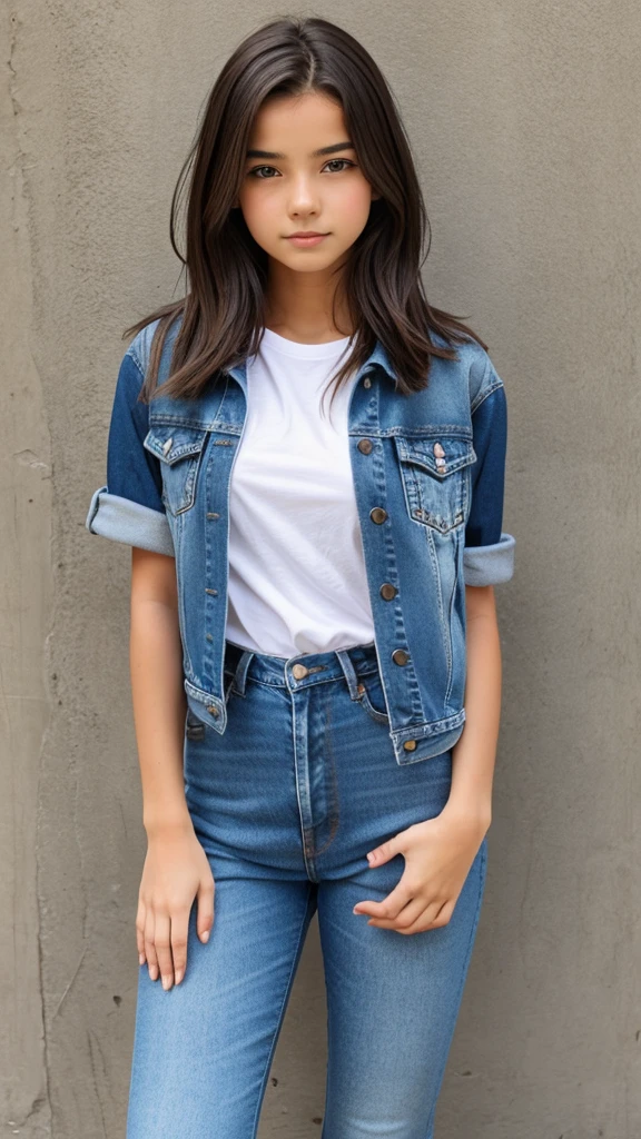 Make a photo of a  smart cute girl wearing jeans, t-shirt and denim jacket with hair in front The girl in the photo is strigh standing and looking at the front