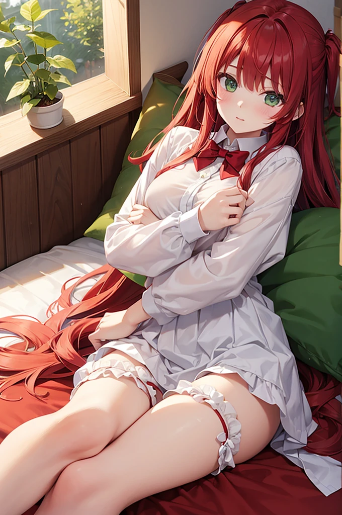 One girl、Red Hair、Green Eyes、Bloomers at school、Woman wearing white maja at home、nsfw