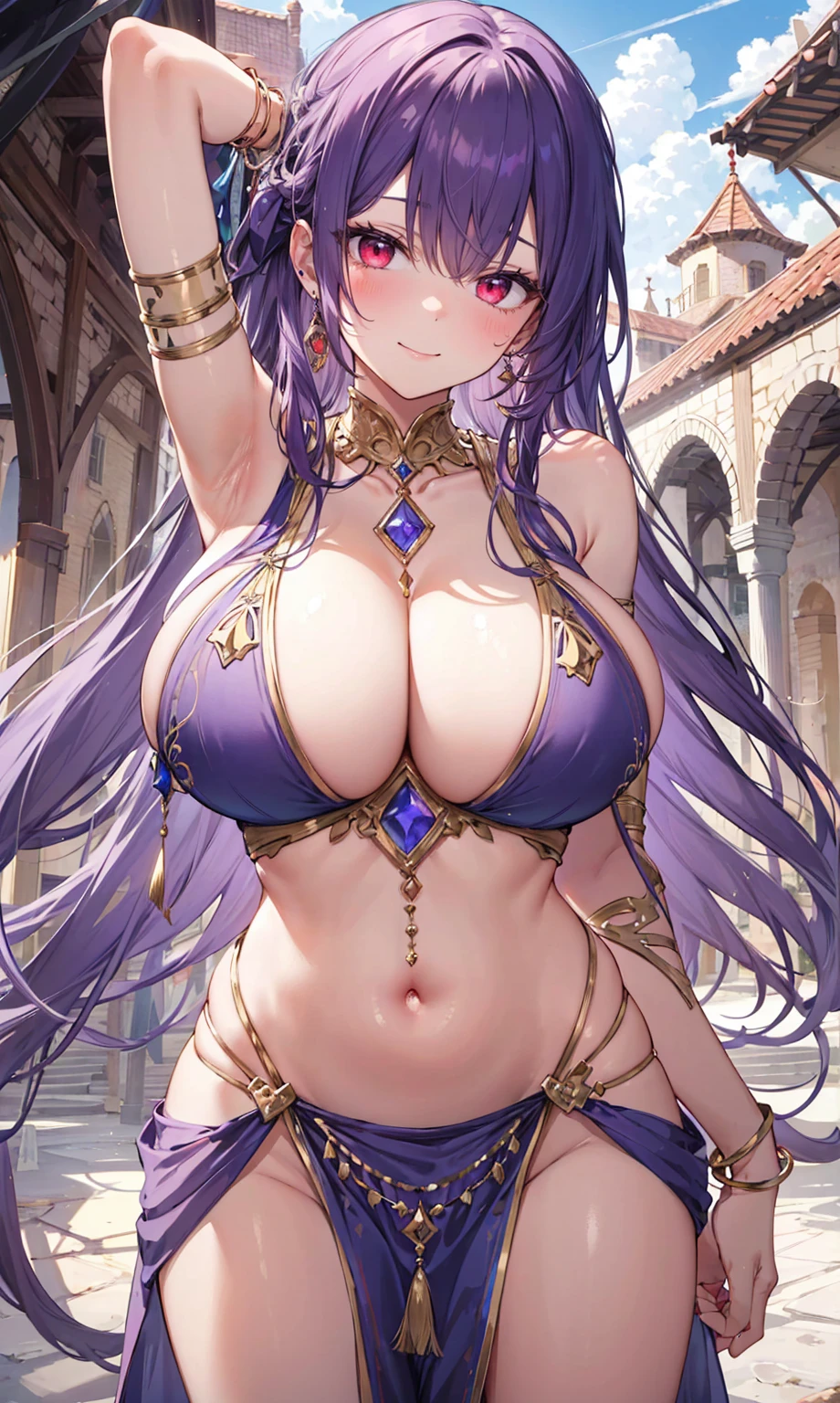 high quality, ultra detailed, best quality, insanely detailed, beautiful, masterpiece, 1girl, medieval plaza, cowboy shot, red eyes, long hair, purple hair, belly dancer, circlet, earrings, armlets, bracelets, bashful smile, large breasts, cleavage, soft stomach
