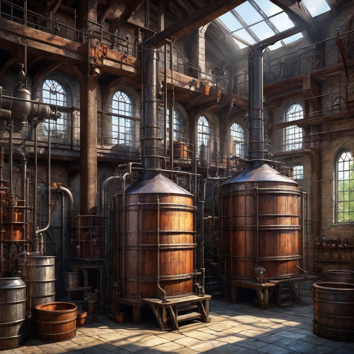 (best quality)), ((masterpiece)), ((realistic,digital art)), (super detailed), (industrial dye house with dye vats), (medieval fantasy style)