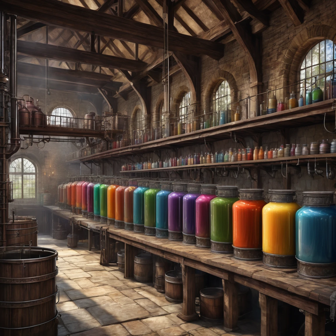 (best quality)), ((masterpiece)), ((realistic,digital art)), (super detailed), (industrial dye house with dye vats), (medieval fantasy style)