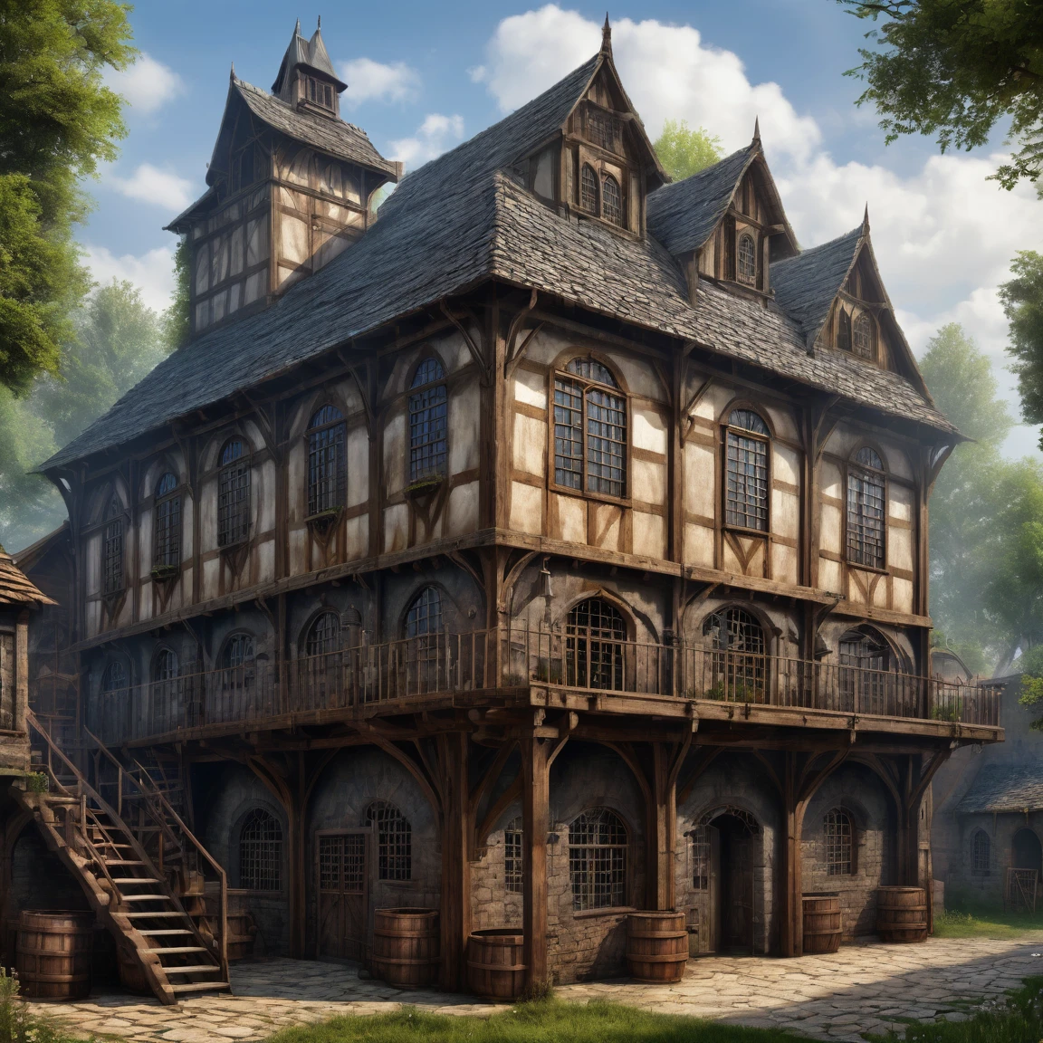 (best quality)), ((masterpiece)), ((realistic,digital art)), (super detailed), (industrial dye house with dye vats), (medieval fantasy style)