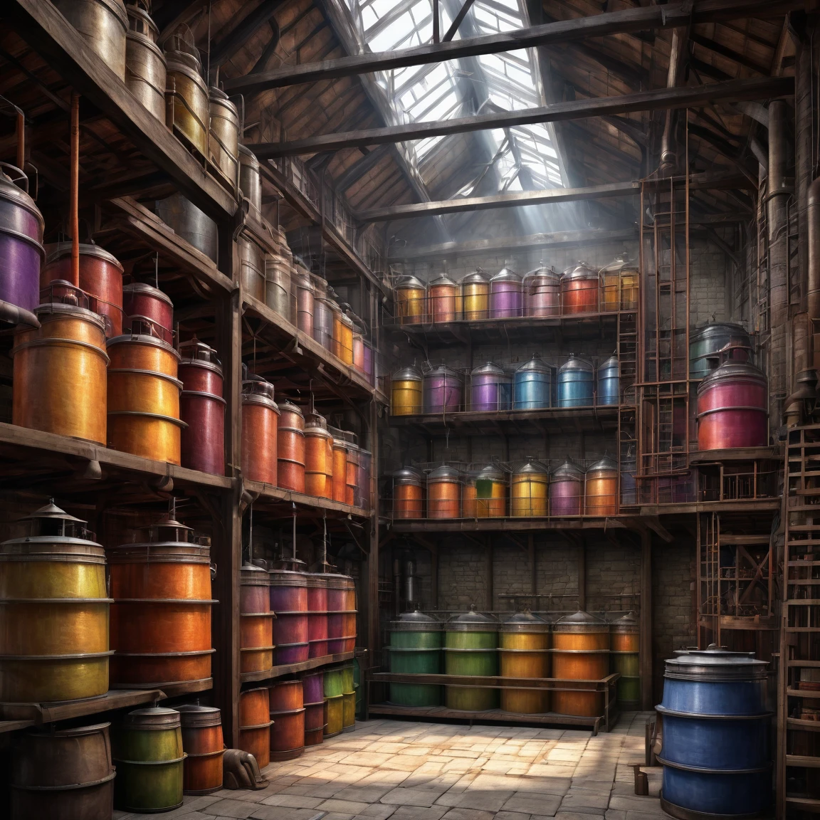 (best quality)), ((masterpiece)), ((realistic,digital art)), (super detailed), (industrial dye house with dye vats), (medieval fantasy style)