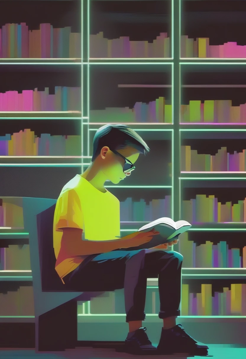 futuristic pixelated animation of boy in neon reading a book in profile