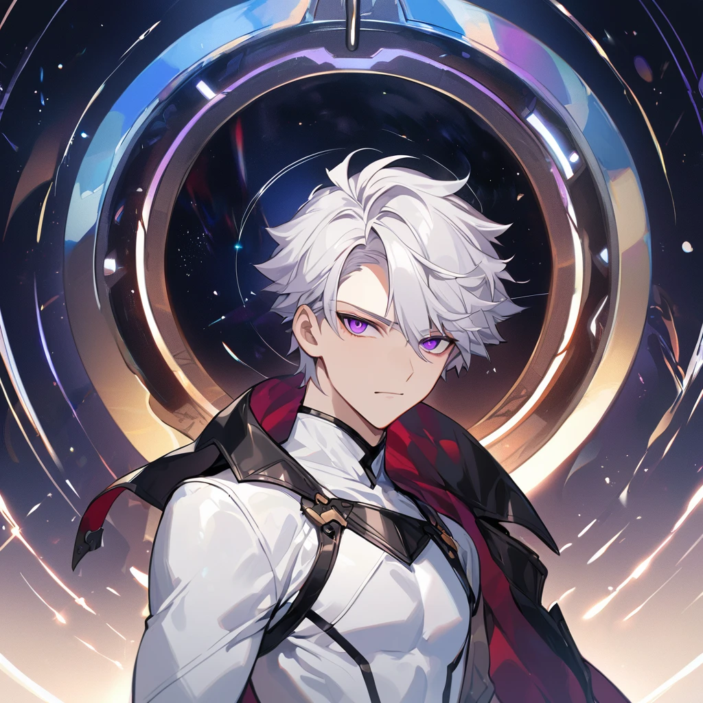 High quality, HD, 4k, no shadows, handsome male, 1male, 17 years old, teenager, golden lining, short white hair, sharp eyes, dark purple eyes, deep purple eyes, devil may cry, close up, calm expression, stoic expression, black leather clothes, white leather clothing, lean body, well trained body, upper body, looking at viewer, cowboy shot, white solar, space background