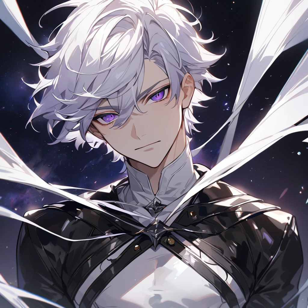 High quality, HD, 4k, no shadows, handsome male, 1male, 17 years old, teenager, golden lining, short white hair, sharp eyes, dark purple eyes, deep purple eyes, devil may cry, close up, calm expression, stoic expression, black leather clothes, white leather clothing, lean body, well trained body, upper body, looking at viewer, cowboy shot, white solar, space background