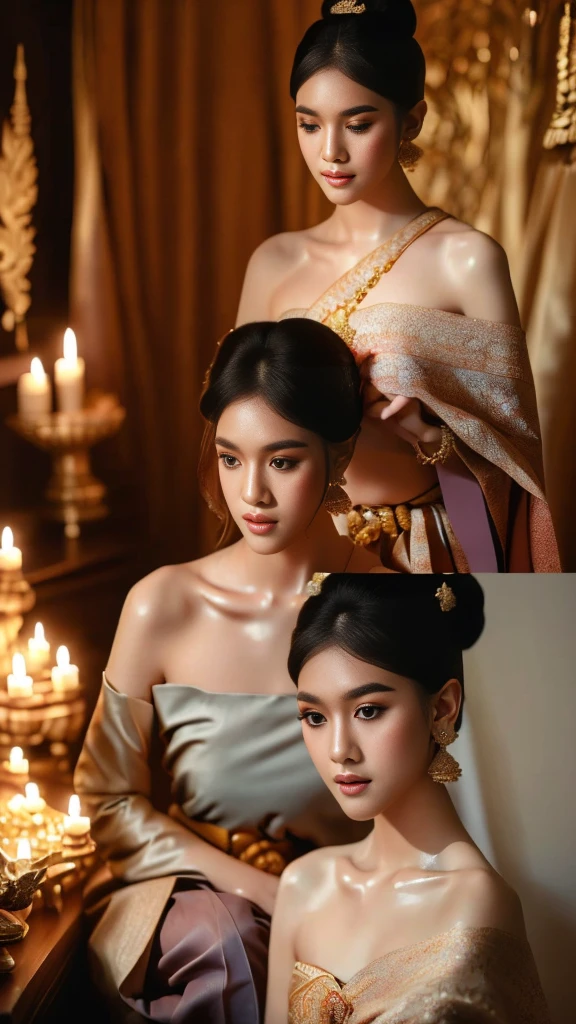 masterpiece, highest quality, HDR, high contrast, ((beautiful girl, Thai Female Soldier)), bun hair, highly detailed lips, detailed eyes, double eyelid, Make-up face. ((flchut thai dresses, strapless shirts)), just showing his face. pretty face. captivating. make-up face. long eyelashes, just showing his face. pretty face. captivating. make-up face. long eyelashes, just showing his face. pretty face. captivating. make-up face. long eyelashes, ((in front of the make-up mirror))