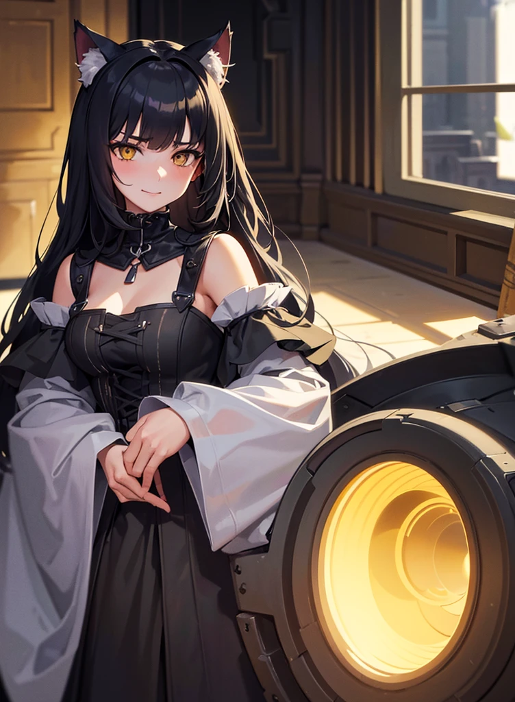 1girl, solo, catgirl, yellow eyes, dark gray cat ears, dark gray fluffy cat tail, medieval attire, ssmiling, (half-body shot:1.2), (best quality, 4k, 8k, highres, masterpiece:1.2), ultra-detailed, (realistic, photorealistic, photo-realistic:1.37), HDR, UHD, studio lighting, ultra-fine painting, sharp focus, physically-based rendering, extreme detail description, professional, vivid colors, fantasy, portrait