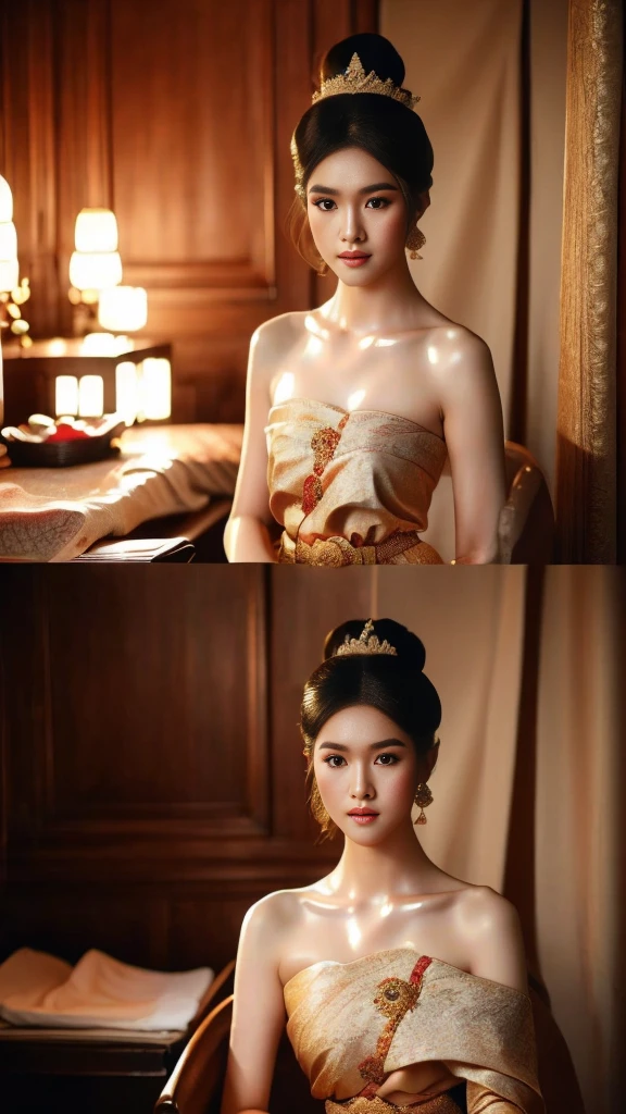 masterpiece, highest quality, HDR, high contrast, ((beautiful girl, Thai Female Soldier)), bun hair, highly detailed lips, detailed eyes, double eyelid, Make-up face. ((flchut thai dresses, strapless shirts)), just showing his face. pretty face. captivating. make-up face. long eyelashes, just showing his face. pretty face. captivating. make-up face. long eyelashes, just showing his face. pretty face. captivating. make-up face. long eyelashes, ((in front of the make-up mirror))