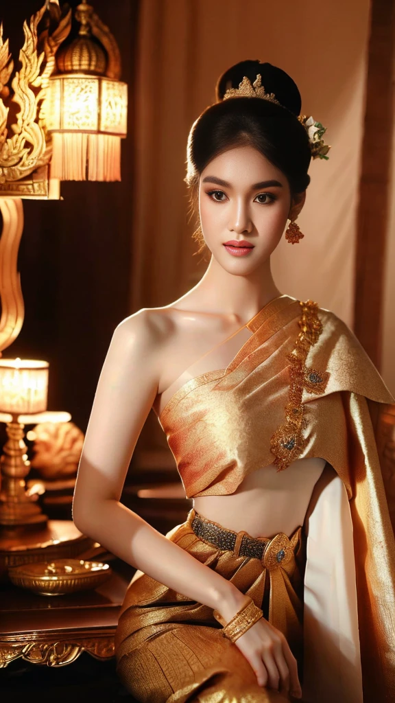 masterpiece, highest quality, HDR, high contrast, ((beautiful girl, Thai Female Soldier)), bun hair, highly detailed lips, detailed eyes, double eyelid, Make-up face. ((flchut thai dresses, strapless shirts)), just showing his face. pretty face. captivating. make-up face. long eyelashes, just showing his face. pretty face. captivating. make-up face. long eyelashes, just showing his face. pretty face. captivating. make-up face. long eyelashes, ((in front of the make-up mirror))