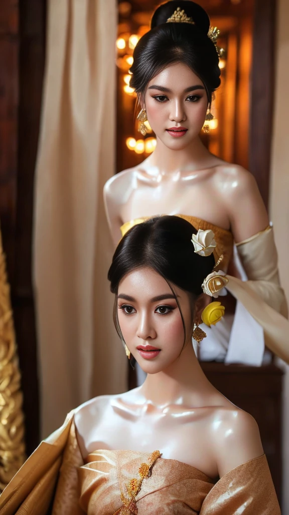 masterpiece, highest quality, HDR, high contrast, ((beautiful girl, Thai Female Soldier)), bun hair, highly detailed lips, detailed eyes, double eyelid, Make-up face. ((flchut thai dresses, strapless shirts)), just showing his face. pretty face. captivating. make-up face. long eyelashes, just showing his face. pretty face. captivating. make-up face. long eyelashes, just showing his face. pretty face. captivating. make-up face. long eyelashes, ((in front of the make-up mirror))