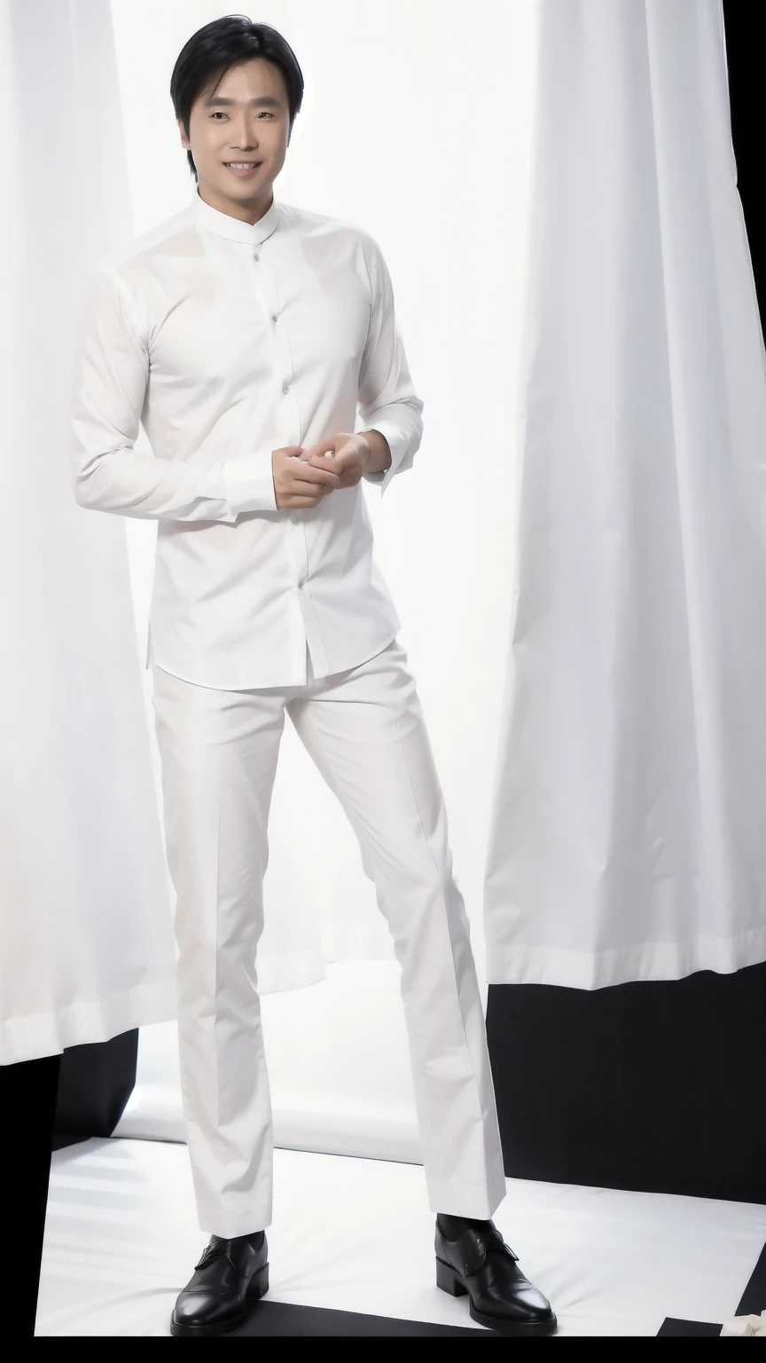 35-year-old man, Soft headlights,High-density imaging,((Slim face)),((Black suit)),((White shirt)),((Various dynamic poses)),((Full body image)),((Smile)),((Background is white curtain)),best quality,masterpiece,(Soft colors:1.2)