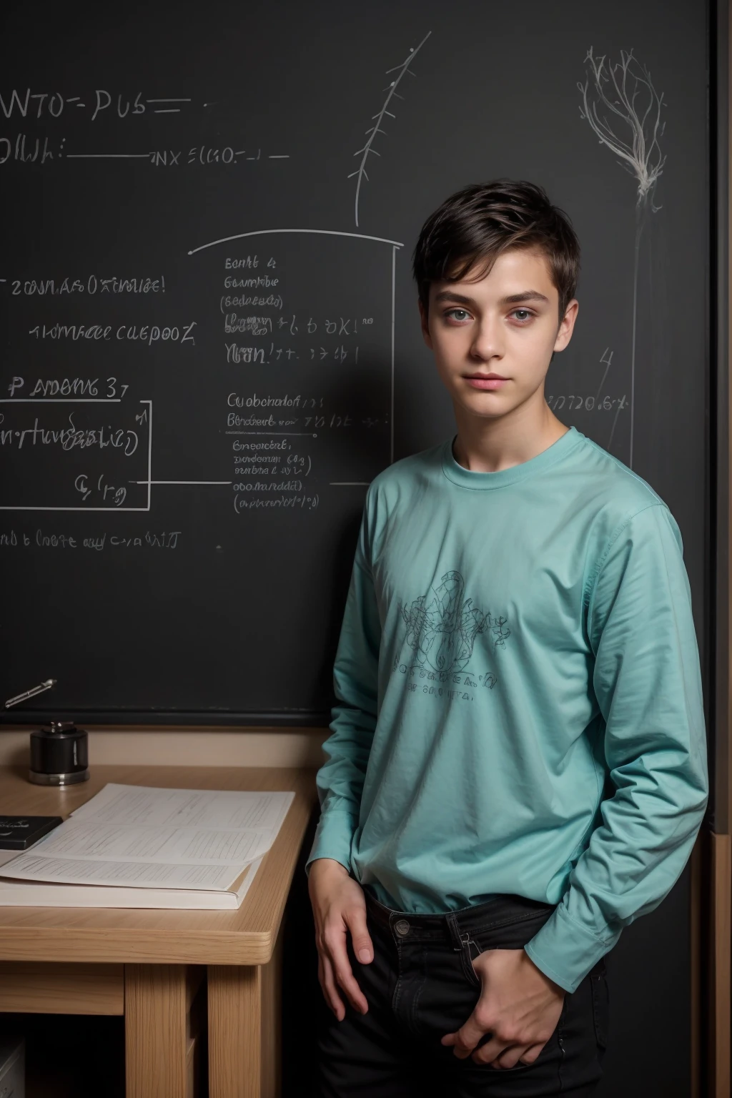 A beautiful young twink, cute male, with black hair and a face with makeup. He is wearing a long-sleeved aquamarine shirt and black jeans. He is in his luxurious scientific office, and behind him is a blackboard with neurons and calculus written on it. He looks on proudly, and his eyes have dark circles underneath them.