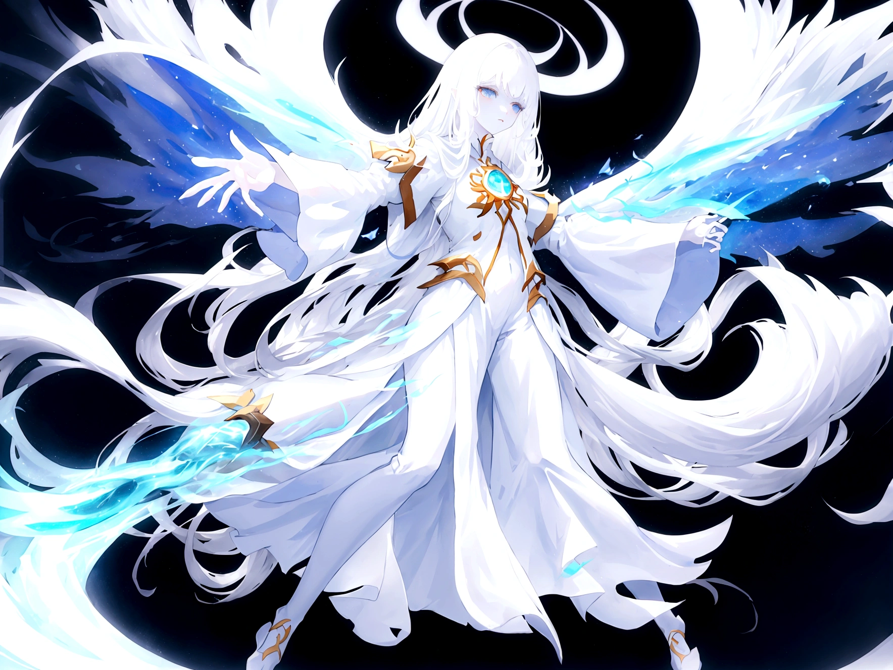 Character (hair bangs) (white long hair) (white pale skin) (mystical seer-style clothing) (character in dynamic pose) (perspective angle) (full body) (ethereal background)