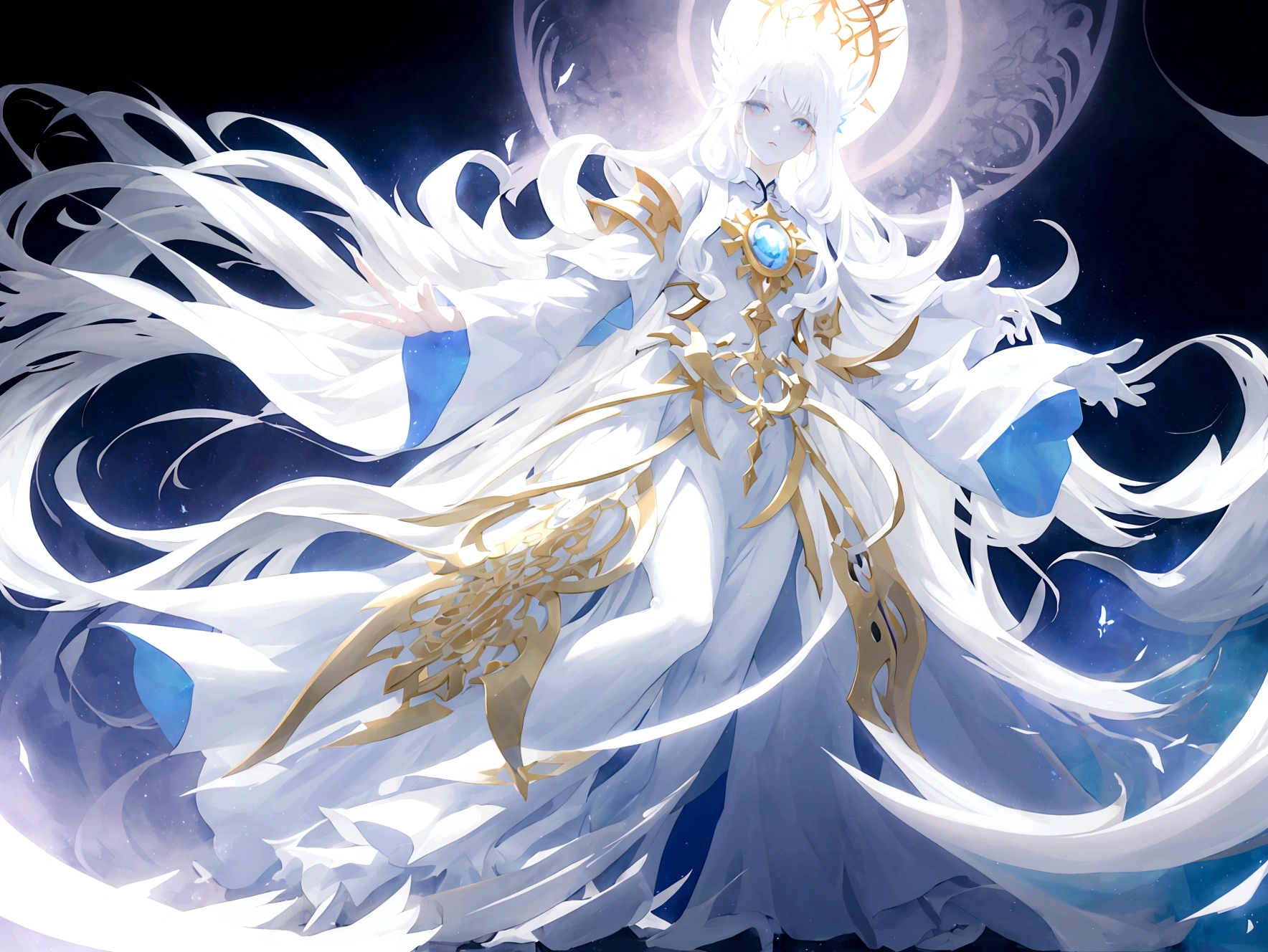 Character (hair bangs) (white long hair) (white pale skin) (mystical seer-style clothing) (character in dynamic pose) (perspective angle) (full body) (ethereal background)