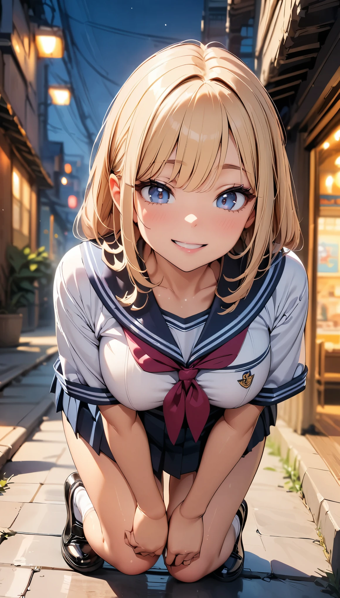 (Highest quality:1.24K, 8K, Very detailed, Latest, Vibrant, High detail, masterpiece:1.2, Highest quality, Best aesthetics), (((1 Girl))), JK, Sailor suit, Check skirt, Please open your mouth a little:1.2, smile, Dynamic Angle, Friendly atmosphere, Beautiful Hair, Shiny Hair, Beautiful Skin, Detailed face and eyes, Glossy Lips, Curvy Women, ((Crouch down, Looking down at the viewer)), Residential Street, City lights, Light and shadow with attention to detail, Background Blur.