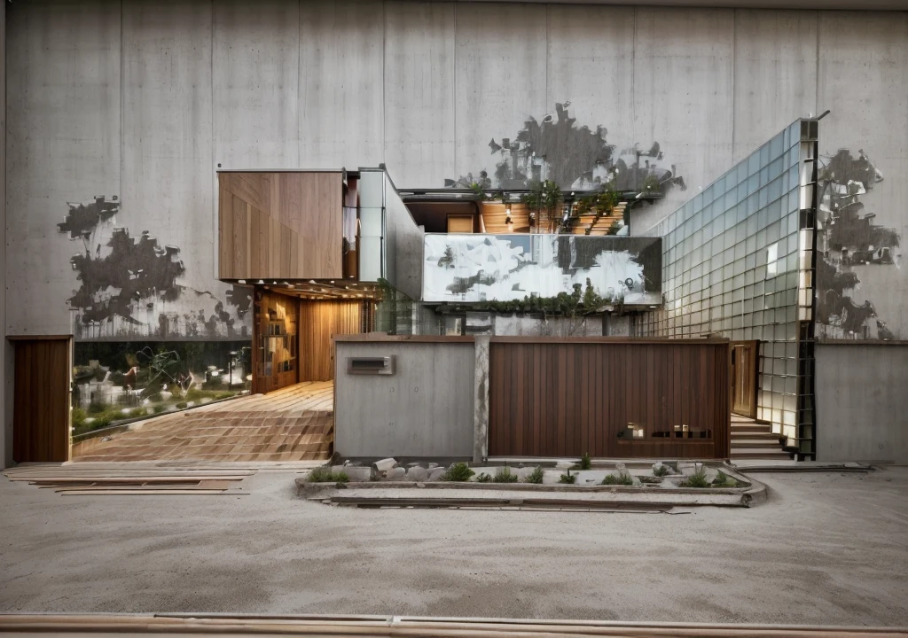 exterior of house, concrete wall, wood column, wood railing, glass door, realistic, highquality, masterpiece
