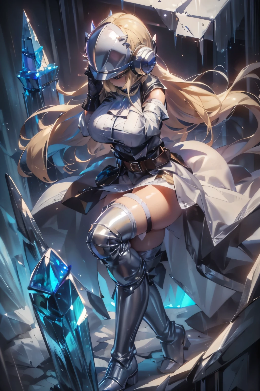 masterpiece, Highest quality, 4K, Ultra-high resolution,(Wear a full-face helmet:1.5),Blonde,Long Hair,White fur coat,gigantic breast,(Beautiful crystal boots:1.6),Full face shade,LED Display,Mature Woman,belt,No sleeve,battle態勢,(Hiding his face with a shade:1.5),Sleek design,Cinderella,Martial Artist,(one leg up:1.6)Thimble gloves,Footwork,battle,tall,solo,Cyber earmuffs