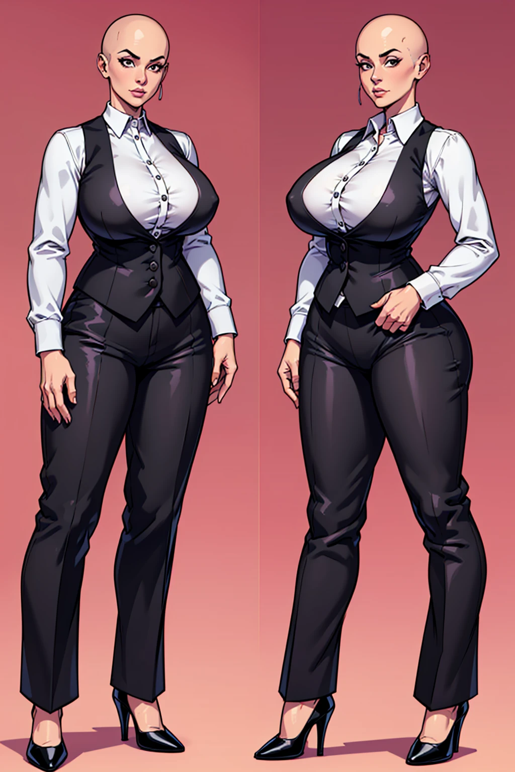 digital art, highly detailed, reference sheet, standing pose, feminine features, mature woman, adult female, whole body, bald, form-fitting, revealing neckline, buttoned vest, full sleeved office shirt, pants, heeled shoes, 1woman, solo, upper body, lower body, ((Extremely Detailed)), ((Best Quality)), ((Masterpiece)), ((4k))