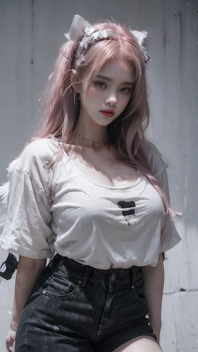 21yo girl,pink hair,long hair, wearing oversize white t-shirt, hot pants,has bloom white wings on her back,natural medium breast, show big thigh, plump body,single sidelock hairpin blush modern cinematic lighting,ray tracing,drop shadow wide shot UHD,textured skin,high details,best quality 4K