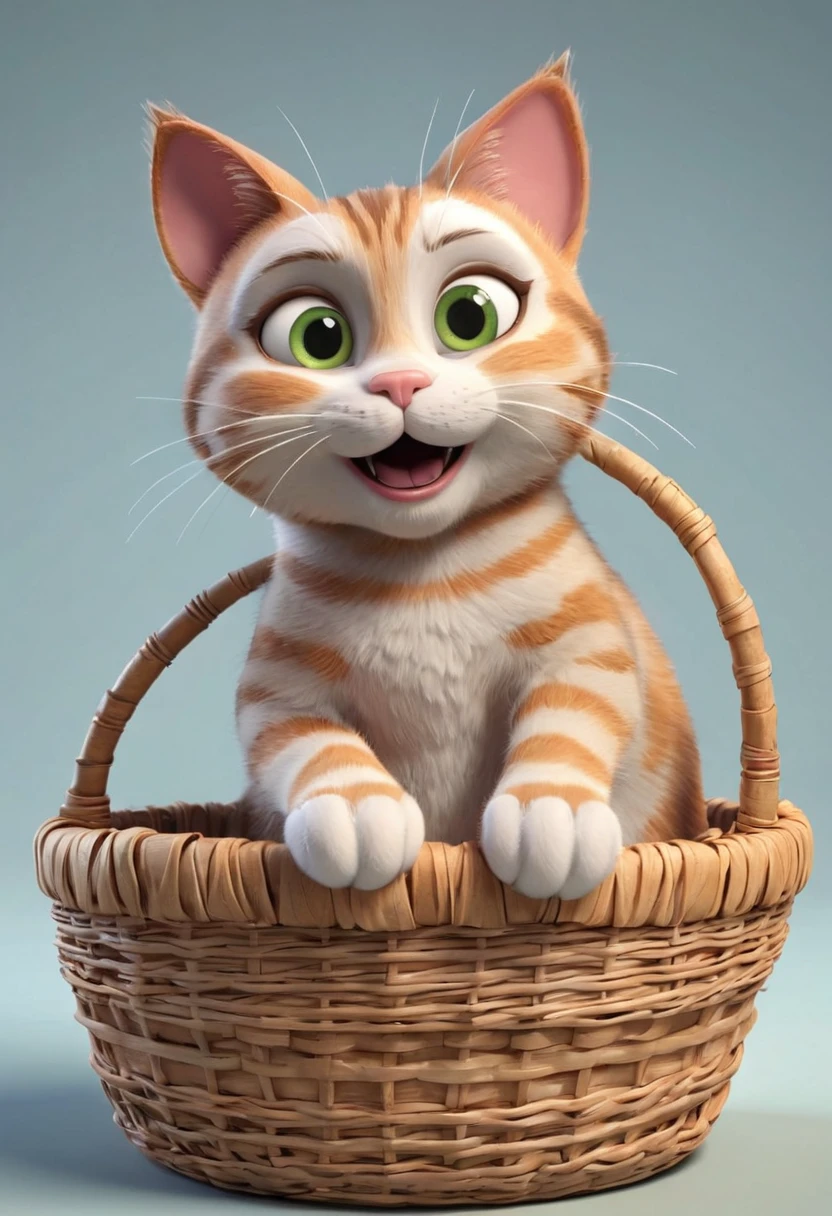 Pixar Style, 3d cartoon rendering of a tabby cat in a basket, Funny and funny expressions