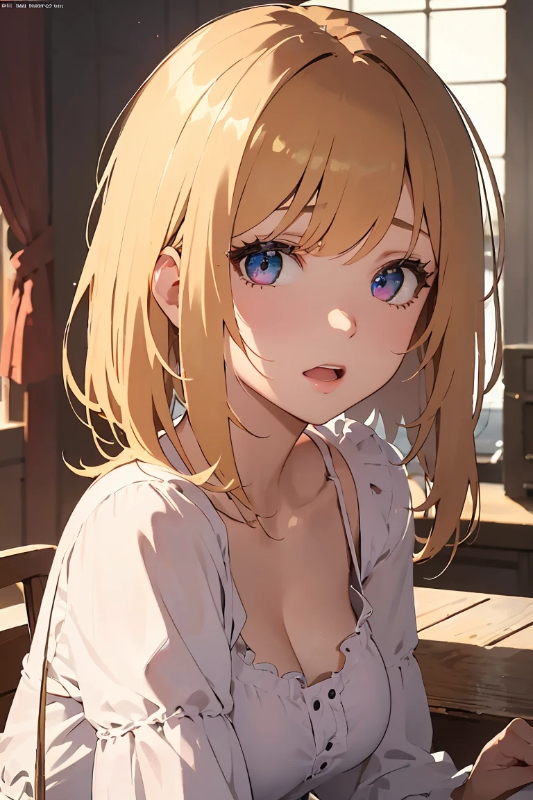 masterpiece, absurdres, best quality, ultra detailed, high Resolution, detailed illustration, bright colour, (extremely beautiful detailed face and eyes, Delicate beautiful face, 1 girl, cute face:1.3), (magenta eyes:1.1), sparkling eyes, big eyes, medium breasts, (perky breasts:1.1), (pointy breasts:1.1), medium hips, glamorous body, white skin, BREAK, long bob cut, (blonde hair:0.8), messy hair, detailed hair, shiny hair, BREAK (Rompers, down blouse:1.3), perfect lighting, (embarrassed:1.3), (ecstasy, vulgarity:1.5), (trembling:0.8), Forest, full body,
