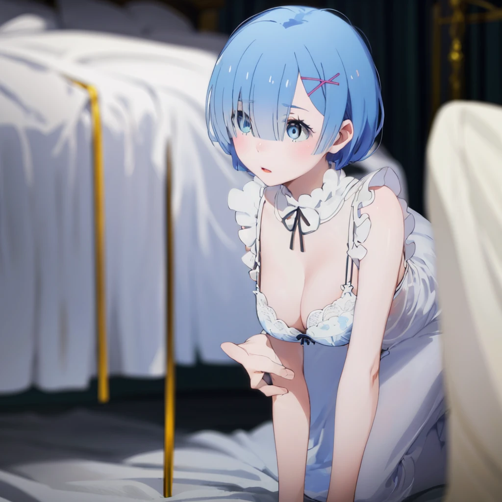(Masterpiece, highest quality), 1 girl, face close-up, (from the front: 1.2), (on all fours: 1.2), (looking down: 1.2), nightgown, (bra: 1.2), breast gap, middle breasts, down blouse, Bra visible, bending forward, on bed, blue hair, medium breasts (C cup) - pale blue eyes, 8K, highest quality, masterpiece, ultra-definition, plump lips,