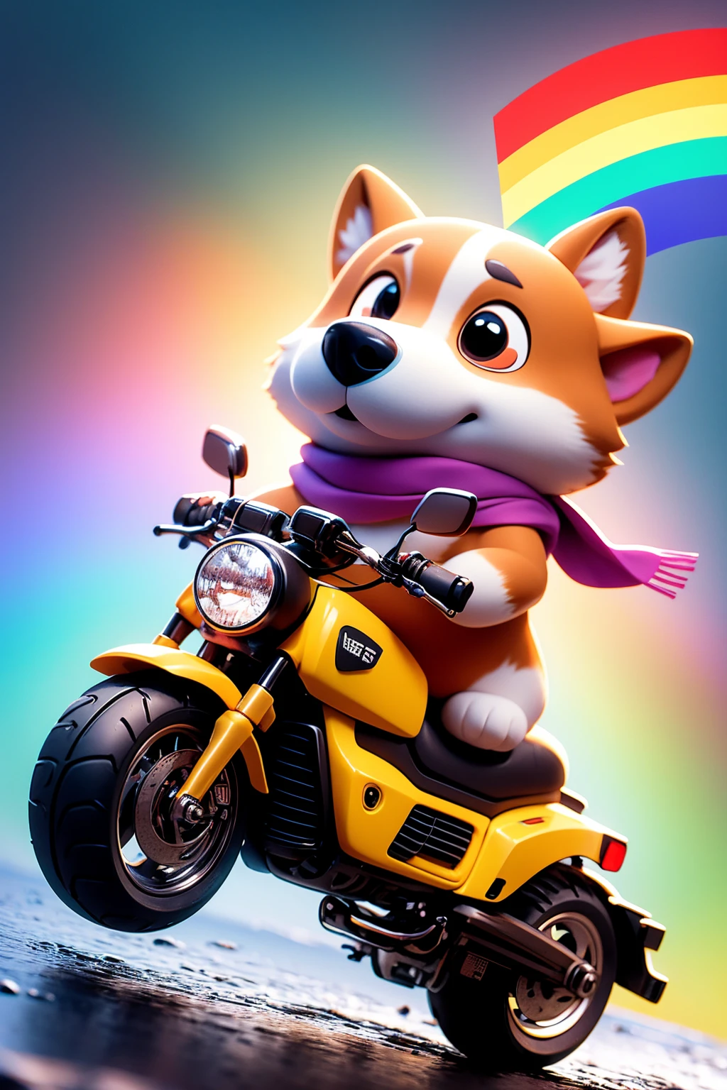 very beautiful,high quality,(a dog riding a motorcycle:1.1),Corgi,dog,Solitary,(motorcycle:1.2),riding,scarf,running on the rainbow,Tree,Extreme viewing angle,Looking up at the camera,rainbow,hairy,3D Style,C4D,Blender,Kawaii,Water spray,speed,rainbow桥,