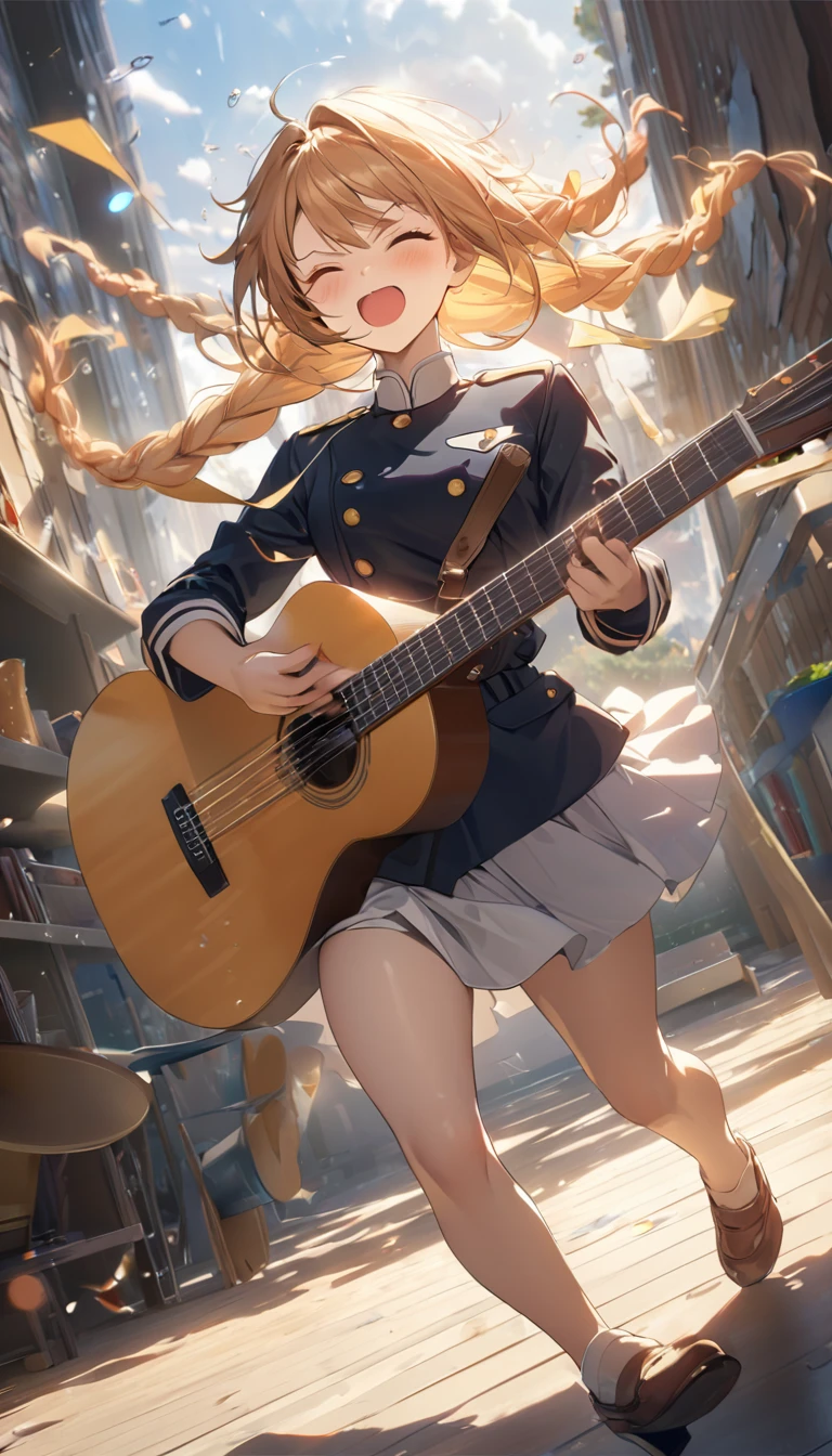 1womanl\(playing guitar on brooms,high school student,intense movements,(Dynamic Action:1.3),long braided hair,hair-color: blackw,high heels,hair floating,hair dancing strong,splashing suor,shining sun,seaman uniform,moccasins,cups,performance de guitarra,shouting out loud,eyes closed tightly\), fund\(behind the school building,the public are cats\),(dynamic angle), break ,品質\(8K,extremely detailed CG unit wallpaper, Masterpiece artwork,high resolution,top-品質,top-品質 real texture skin,hyperrealisti,Increase resolution,RAW Photos,melhor 品質,highy detailed,The wallpaper,cinematic lighting,ray tracing,golden ratio\)