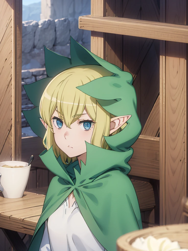 This_Ryu, 1 girl, blonde hair, One, Blue eyes, pointed ears, Cloak, elf, hair between eyes, closed mouth, upper body, anime coloring pages, bang, a parody, зеленый Cloak, Looking at the viewer, hood
 