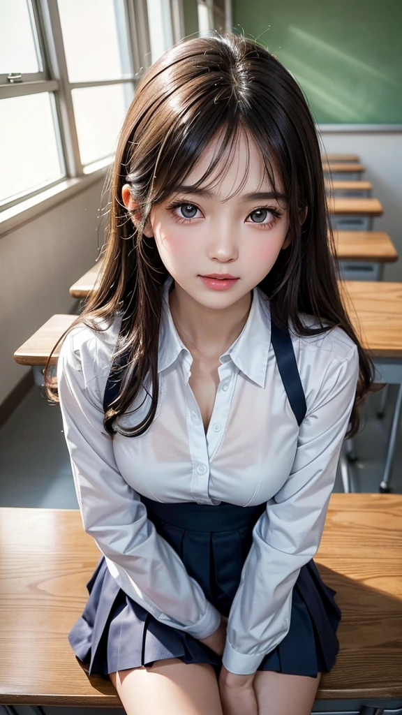 Sit cross-legged at a desk in a pristine, high-resolution 8K classroom, a perfect dynamic structure enhances the details of the gleaming wooden furniture and the young girl's uniform. The uniform, adhering to the school's standard, is meticulously designed with intricate patterns and a collar that gently frames her finely detailed, naturally beautiful face. A delicate cleavage is visible beneath the open collar, emphasizing her youthful and vibrant spirit. The young girl's eyes, sparkling with intelligence and curiosity, are beautifully detailed, captivating the viewer's attention. Her lips, among the softest and most natural, show a hint of a smile