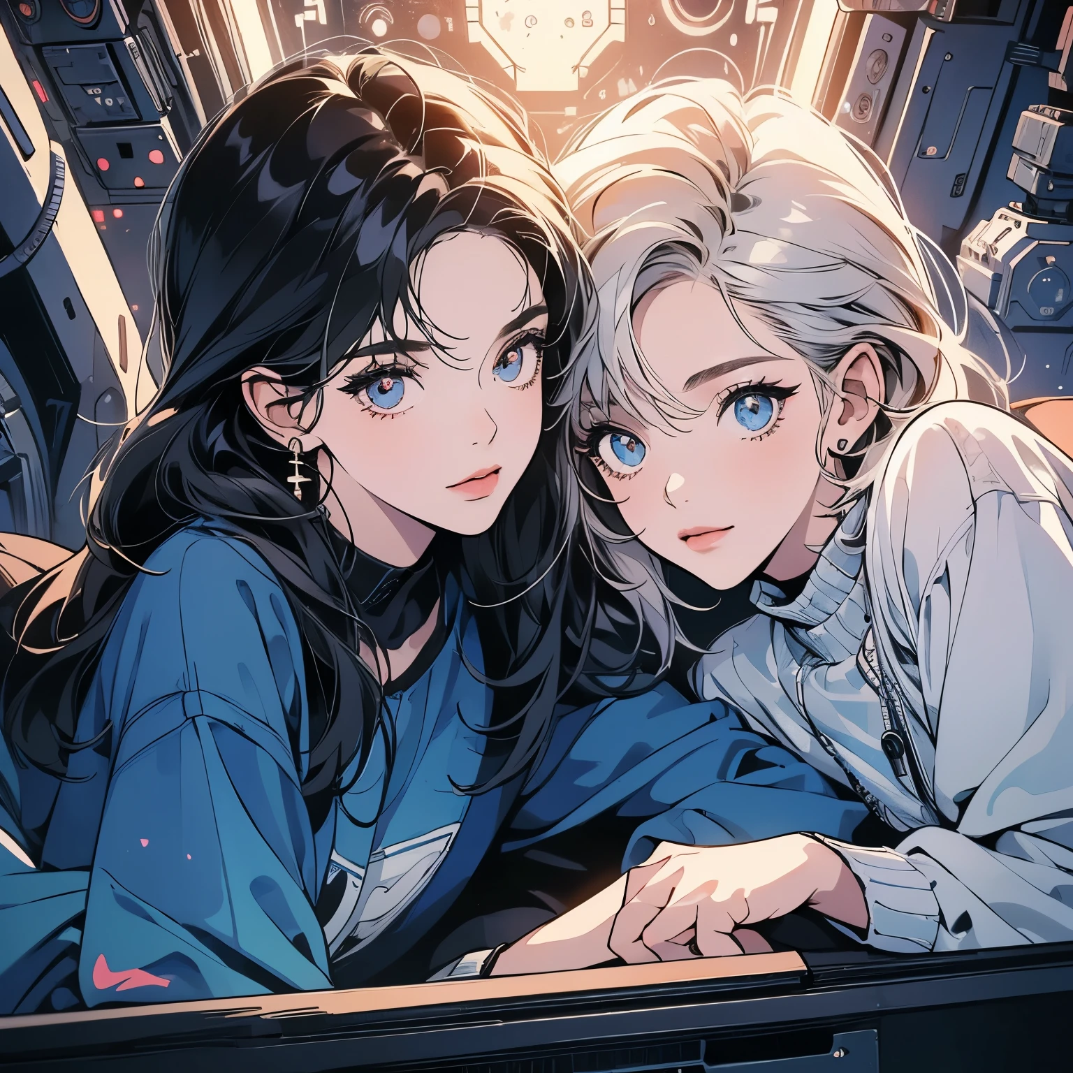  (((beautiful "Two women" leaning against each other))), inside a spaceship, perfect machine,  perfect face, zero gravity, outer space, lots of wires, switchboard, perfect and detailed machine, detailed hair, (((Various angles))), most beautiful woman alive, (((head shot))) , Super detailed background, top quality,Various unique hairstyles, Ghost in the Shell, sparkling eyes, Outer space in the background, Unique and perfect face, Pale Lighting,  (((Various eyes colors))), (((lying))), short hair