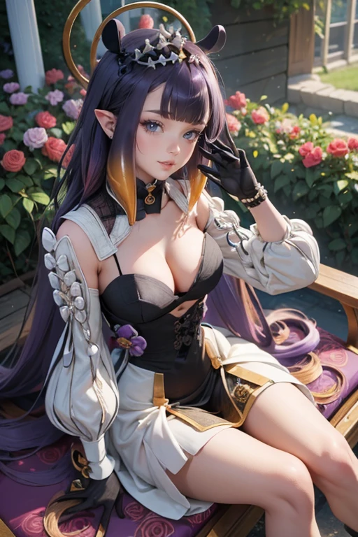 Ninomae Ina'nis, VTuber, gold tiara on her bangs, purple roses, ornament hair, purple roses on her hair, angel, perfectly body, perfectly hands, multicolored hair, violet hair, orange hair, long hair, seat on garden, a lot of purple roses, garden scenery, gold lantern, wedding dress, white dress, a dress with layers, a lot of frills, more details on her clothes, golden details on the dress, night, ((4k, masterpiece, top-quality)),8k, best quality, high resolution, HD, (illustration:0.8), super cute girl, delicate and beautiful face, 1girl, solo, mature girl, super cute hairstyle, (beautiful detailed eyes:1.6), extremely detailed face, perfect lighting, extremely detailed CG, (perfect hands, perfect anatomy), super complex details, intricate details, Best quality, cleavage, clothes lift, skirt, lying, full Body, perfect body ,sitting, two legs, two arms, two hands, five fingers