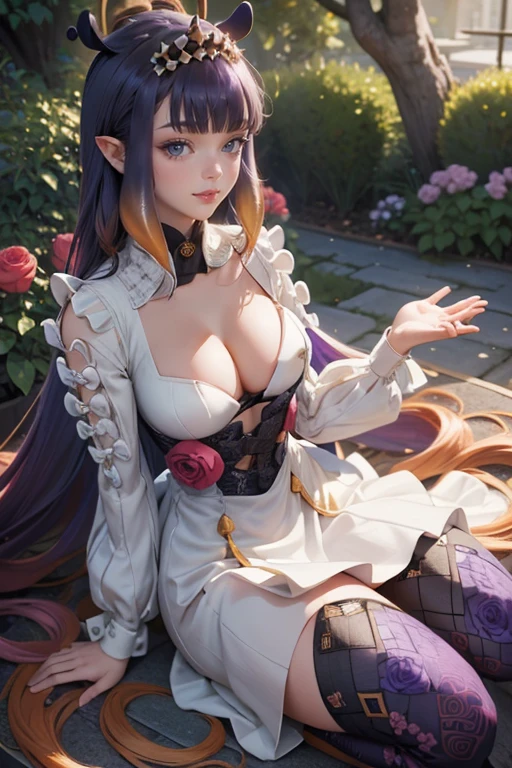 Ninomae Ina'nis, VTuber, gold tiara on her bangs, purple roses, ornament hair, purple roses on her hair, angel, perfectly body, perfectly hands, multicolored hair, violet hair, orange hair, long hair, seat on garden, a lot of purple roses, garden scenery, gold lantern, wedding dress, white dress, a dress with layers, a lot of frills, more details on her clothes, golden details on the dress, night, ((4k, masterpiece, top-quality)),8k, best quality, high resolution, HD, (illustration:0.8), super cute girl, delicate and beautiful face, 1girl, solo, mature girl, super cute hairstyle, (beautiful detailed eyes:1.6), extremely detailed face, perfect lighting, extremely detailed CG, (perfect hands, perfect anatomy), super complex details, intricate details, Best quality, cleavage, clothes lift, skirt, lying, full Body, perfect body ,sitting, two legs, two arms, two hands, five fingers