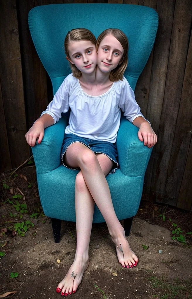 2heads, two headed girl, (a 13 year old girl and a 30 year old woman:1.5), barefoot