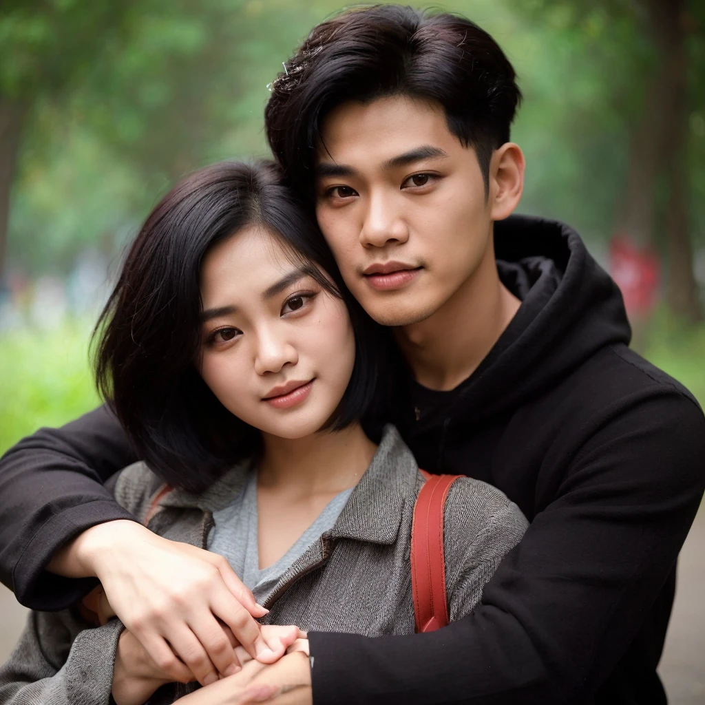 full body, make a pair of Indonesian lovers, they were dating in a park. handsome man with short hair, black, Korean looking. beautiful woman with short hair,black, they were hugging as if they were falling in love, they also wear clothes,trousers, and shoes,. the picture is very clear,Real, realistic 16k