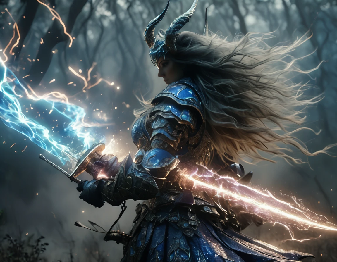 (Best Quality, 4k, 8k, High, Masterpiece: 1.2), Very Detailed, (Realistic, Photorealistic, Photorealistic: 1.37), A female warrior, cosmic horror, a big sword, a helmet with horns. A female warrior in blue lightning armor. , Overwhelming violence and action aesthetic. Wild composition, big world, with a forest in the background