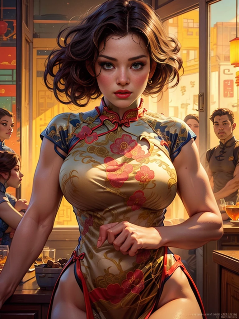 Half-length portrait:1.3,Wearing(Tight cheongsam:1.7)Beautiful woman,Ideal proportions,Full breasts,Slim waist,Plump buttocks,White skin,Surrounded by accessories,In a crowded Chinese restaurant,(Best quality,4K,8K,high resolution,masterpiece:1.2),Ultra Detailed,(lifelike,照片般lifelike,照片般lifelike:1.37),Delicate eyes,Delicate lips,Extremely detailed face,Long eyelashes,Intricate details,Gorgeous accessories,Gorgeous decoration,Warm Lights,Vibrant colors,Dramatic lighting,Atmospheric,Movie-like,Award-winning photography