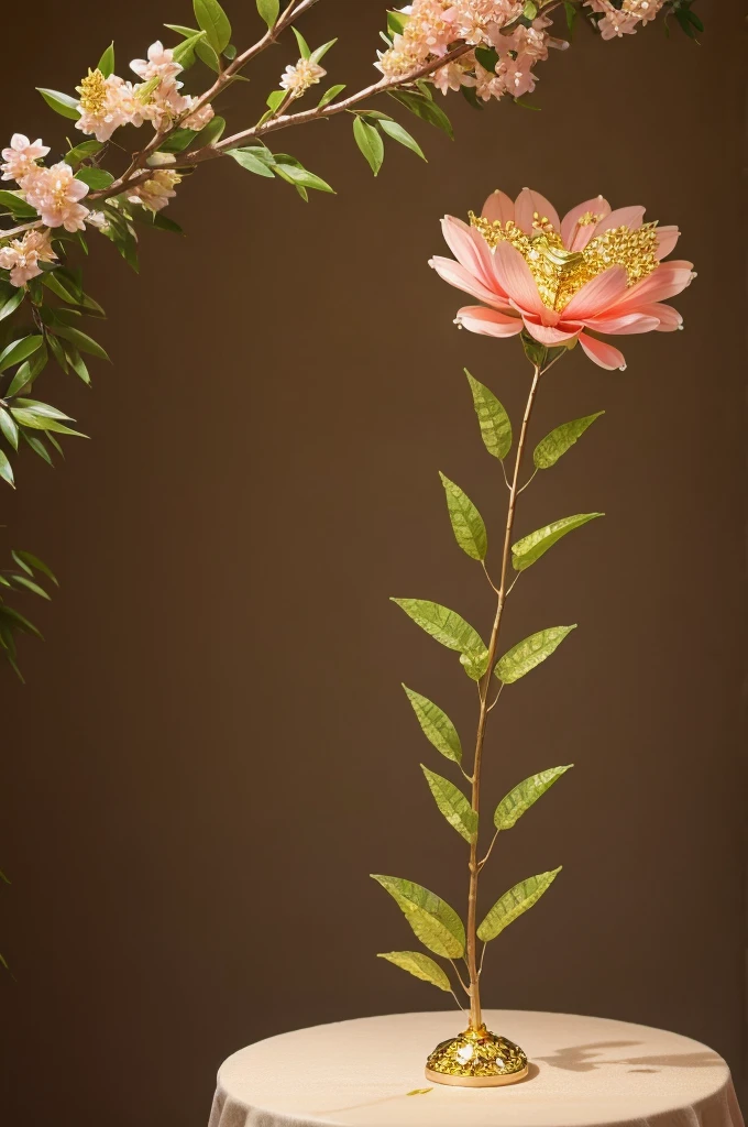 Stunning photography of Golden and pink combination big flower on a with cryestal effect on a branch with showpiece look there are some cryestal heart shape