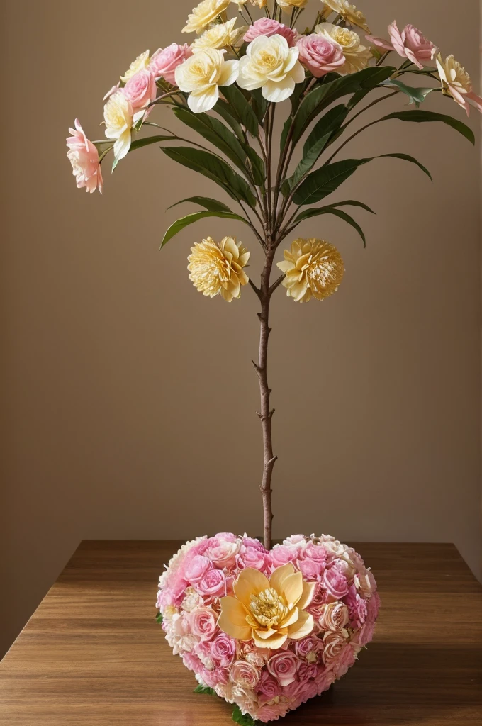 Stunning photography of Golden and pink combination big flower on a  with cryestal effect on a branch with showpiece look there are some cryestal  heart shape 