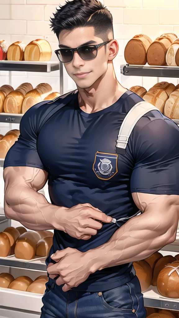 1 man,(Skinheads hairstyles) ,black eye,(Wear a fitted round neck t-shirt in navy with a police badge.:1.3),(fit neck),Navy blue jeans,(black_gloves), Korean guy,chest muscles,large arm muscles,blood vessel,Big muscles,Broad shoulders,(Carrying a black backpack:1.3),(sunglasses:1.1), smile, middle of the road,(In the desert:1.2),(full_shot:1.6),(In the bread shop:1.2),